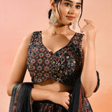 Navy Ajrakh Printed Organza Tissue Lehenga