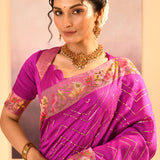 Fuchsia Purple Foil Printed Dupion Silk Saree