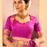 Fuchsia Purple Foil Printed Dupion Silk Saree