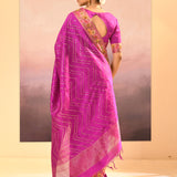 Fuchsia Purple Foil Printed Dupion Silk Saree