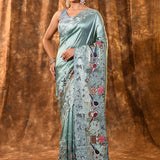 Mint Green Embroidered Satin Silk Saree