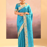 Turquoise Blue Foil Printed Dupion Silk Saree