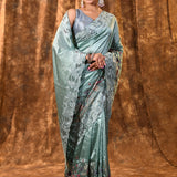 Mint Green Embroidered Satin Silk Saree