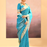 Turquoise Blue Foil Printed Dupion Silk Saree