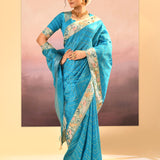 Turquoise Blue Foil Printed Dupion Silk Saree