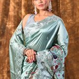 Mint Green Embroidered Satin Silk Saree