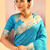 Turquoise Blue Foil Printed Dupion Silk Saree