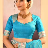 Turquoise Blue Foil Printed Dupion Silk Saree