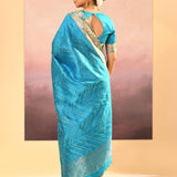 Turquoise Blue Foil Printed Dupion Silk Saree