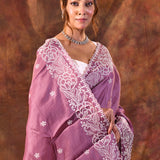 Mystic Pink Floral Embroidered Silk Blend Saree