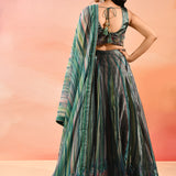 Peacock Blue Floral Printed Organza Tissue Lehenga