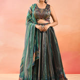 Peacock Blue Floral Printed Organza Tissue Lehenga