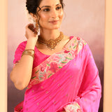 Bright Pink Dupion Silk Foil Printed Saree