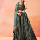 Peacock Blue Floral Printed Organza Tissue Lehenga