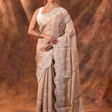 Pale Brown Floral Embroidered Silk Blend Saree