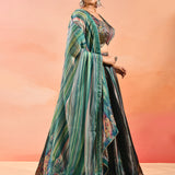 Peacock Blue Floral Printed Organza Tissue Lehenga