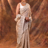 Pale Brown Floral Embroidered Silk Blend Saree