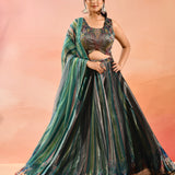 Peacock Blue Floral Printed Organza Tissue Lehenga