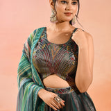 Peacock Blue Floral Printed Organza Tissue Lehenga