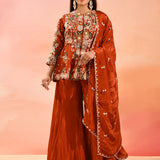 Burnt Amber Embroidered Tissue Peplum Set