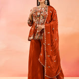 Burnt Amber Embroidered Tissue Peplum Set