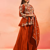 Burnt Amber Embroidered Tissue Peplum Set