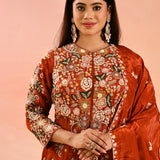 Burnt Amber Embroidered Tissue Peplum Set