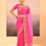 Bright Pink Foil Printed Dupion Silk Saree