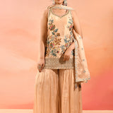 Beige Floral Embroidered Straight Cut Palazzo