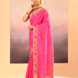Bright Pink Foil Printed Dupion Silk Saree