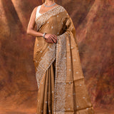 Earthy Brown Floral Embroidered Silk Blend Saree