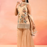 Beige Floral Embroidered Straight Cut Palazzo