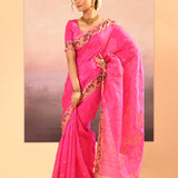 Bright Pink Foil Printed Dupion Silk Saree