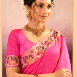 Bright Pink Foil Printed Dupion Silk Saree