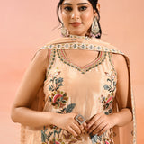 Beige Floral Embroidered Straight Cut Palazzo