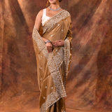 Earthy Brown Floral Embroidered Silk Blend Saree