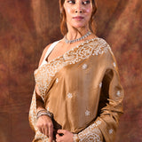 Earthy Brown Floral Embroidered Silk Blend Saree