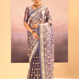 Metallic Dark Purple Tissue Embroidered Saree