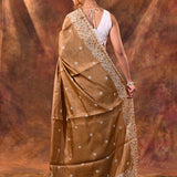 Earthy Brown Floral Embroidered Silk Blend Saree