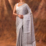 Grey Floral Embroidered Silk Blend Saree