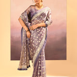 Metallic Dark Purple Tissue Embroidered Saree