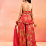 Coral Pink Paisley Printed Halter Peplum Set With Flared Pants
