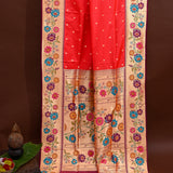 Bright Red Gold Zari Floral Butti Pure Silk Paithani Saree With Multicolour Lotus Floral Beige Pallu