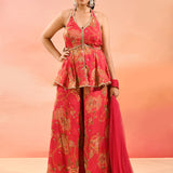 Coral Pink Paisley Printed Halter Peplum Set With Flared Pants