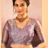 Metallic Dark Purple Tissue Embroidered Saree