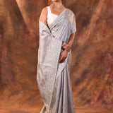 Grey Floral Embroidered Silk Blend Saree