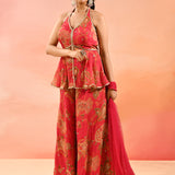 Coral Pink Paisley Printed Halter Peplum Set With Flared Pants