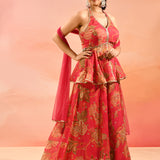 Coral Pink Paisley Printed Halter Peplum Set With Flared Pants