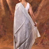 Grey Floral Embroidered Silk Blend Saree