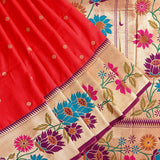 Bright Red Gold Zari Floral Butti Pure Silk Paithani Saree With Multicolour Lotus Floral Beige Pallu